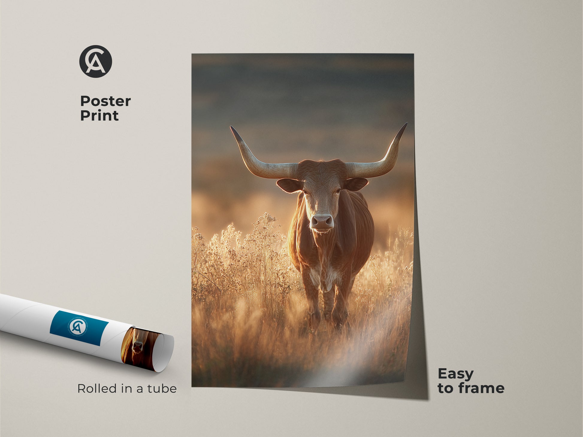 Poster print of a longhorn bull in a savanna landscape. This rustic western wildlife art features earthy tones. The wildlife animal print is easy to frame. It is a great cowboy gift for him. The print captures the natural beauty of the outdoors. This artwork is rolled in a tube.