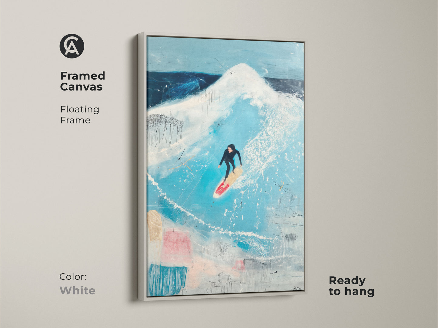 This display shows print presentation options from poster prints to framed canvas. Floating frame options are shown in white black brown and antique gold. Explore diverse contemporary options for ocean wave art.