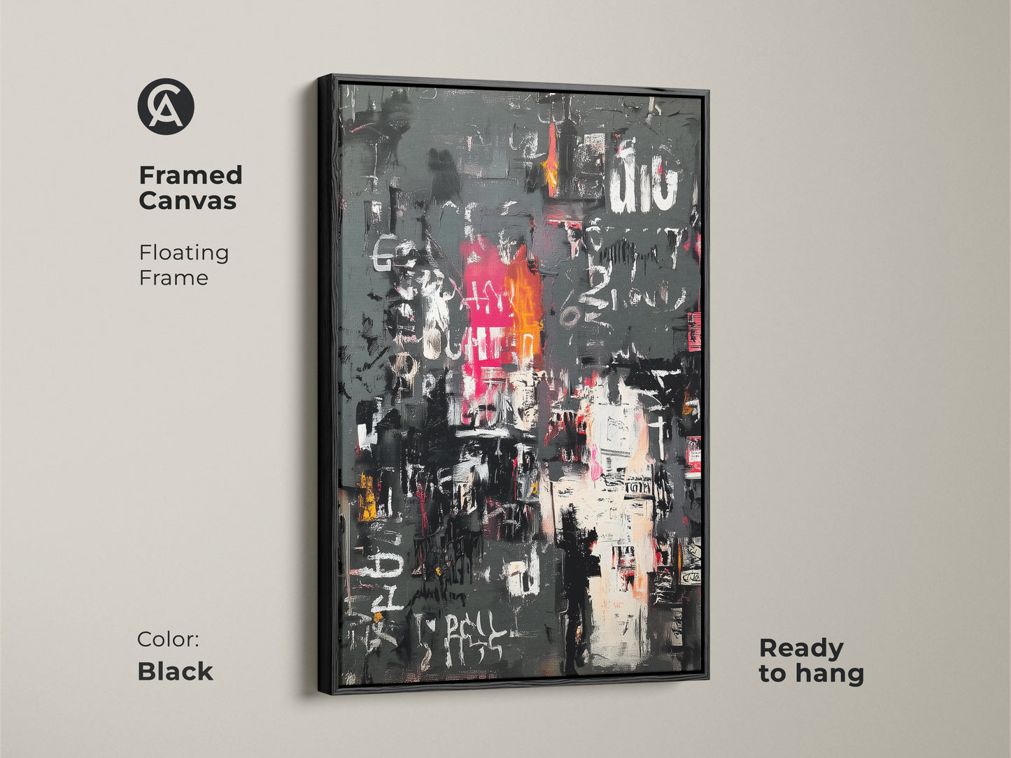 Framed canvas featuring abstract urban collage art. The floating frame adds a touch of elegance. This piece is ready to hang. The black frame enhances the artwork's bold colors. Transform your space today.
