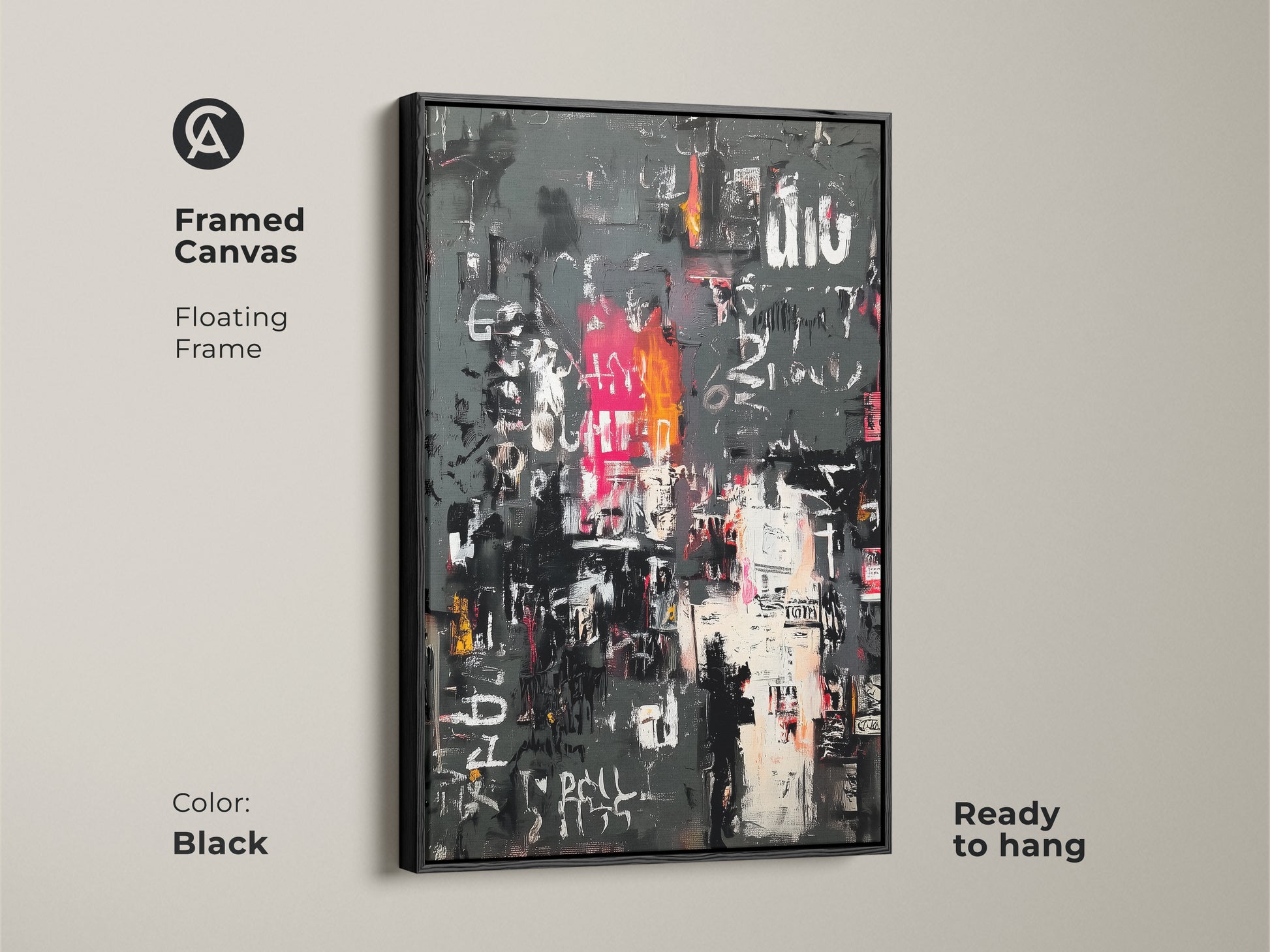 Framed canvas featuring abstract urban collage art. The floating frame adds a touch of elegance. This piece is ready to hang. The black frame enhances the artwork's bold colors. Transform your space today.