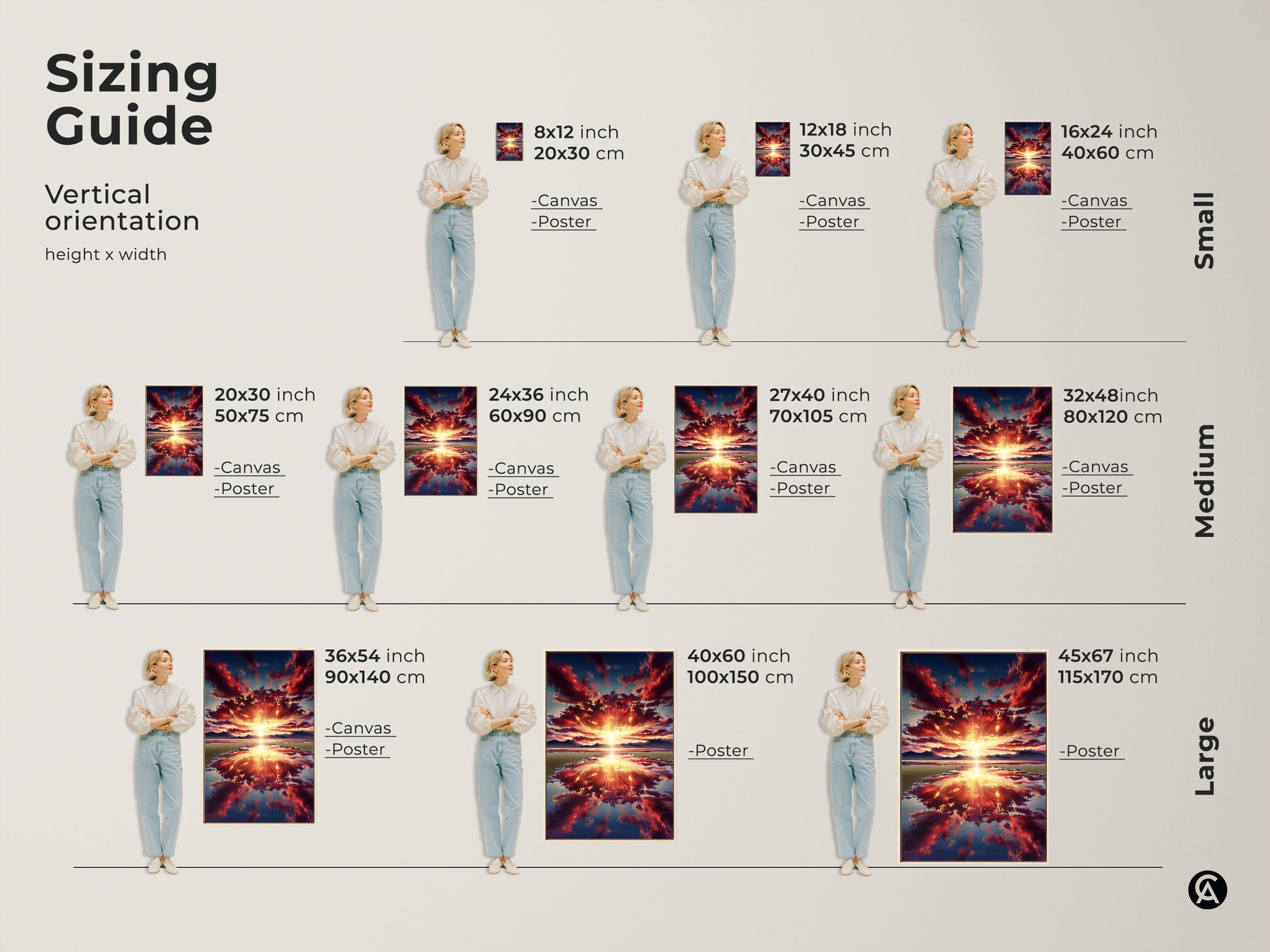 The sizing guide shows vertical orientation options. Sizes range from small to large for canvas and poster prints. It features sunset over mountain artwork in various dimensions.