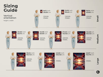 The sizing guide shows vertical orientation options. Sizes range from small to large for canvas and poster prints. It features sunset over mountain artwork in various dimensions.