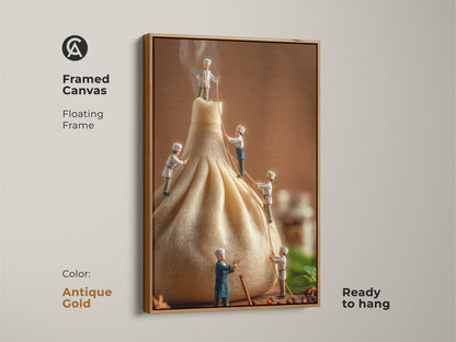 Framed artwork of miniature chefs crafting a dumpling. The antique gold floating frame enhances the artwork's rich tones. Ready to hang this piece brings a touch of elegance and playfulness to your kitchen or dining area. A unique art piece.