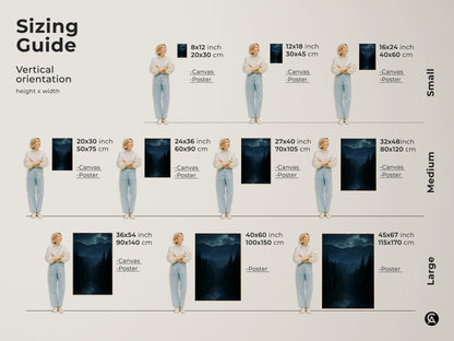 Sizing guide for vertical orientation canvas and poster prints. Available in small medium and large sizes. The deep blue forest and mountain artwork fits various spaces. Choose the perfect size for your home.