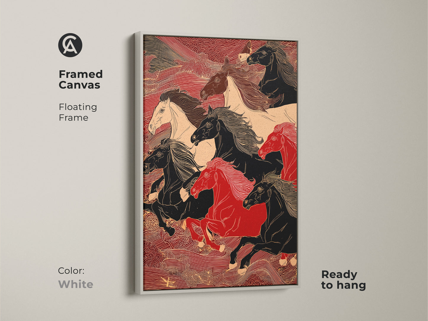 A framed canvas featuring an illustration of running horses. The artwork has a floating white frame. The horses are black red and white. This is perfect for home decor. It is ready to hang.