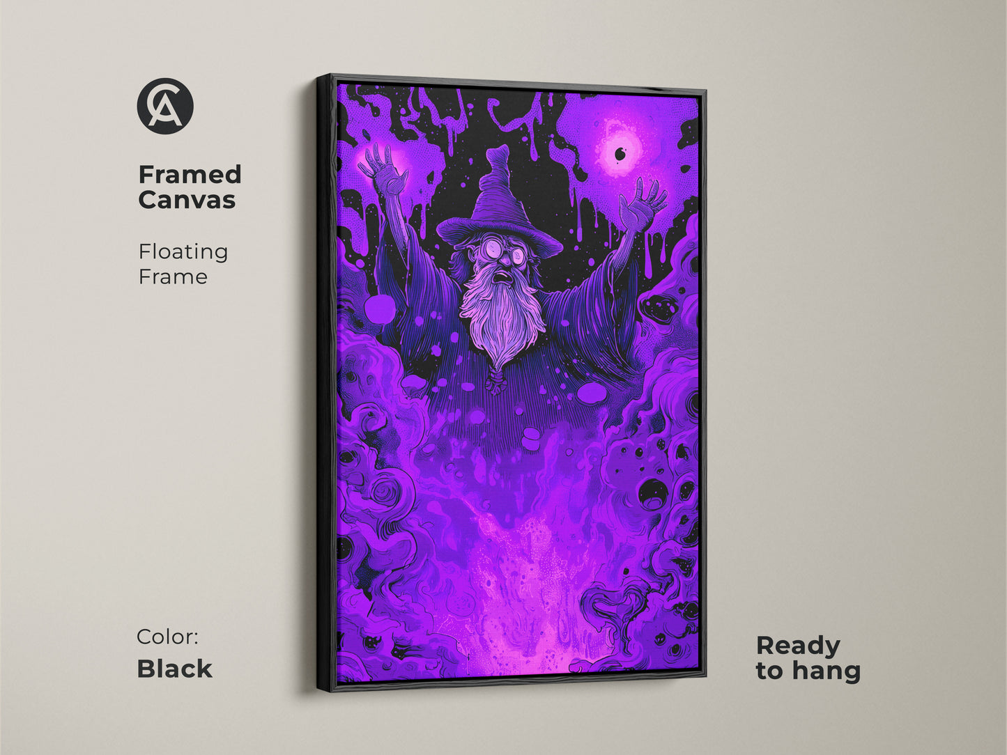 Black framed canvas of a wizard art piece. The floating frame enhances the mystical artwork. Ready to hang this fantasy art piece is perfect for home decor. Shop now for magical art.