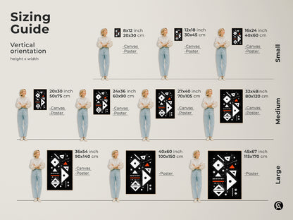 Sizing guide showcasing vertical abstract geometric art prints. This mid-century modern canvas and posters are available in various sizes. Ideal for adding a minimalist touch to your office studio or living room enhancing any contemporary space.