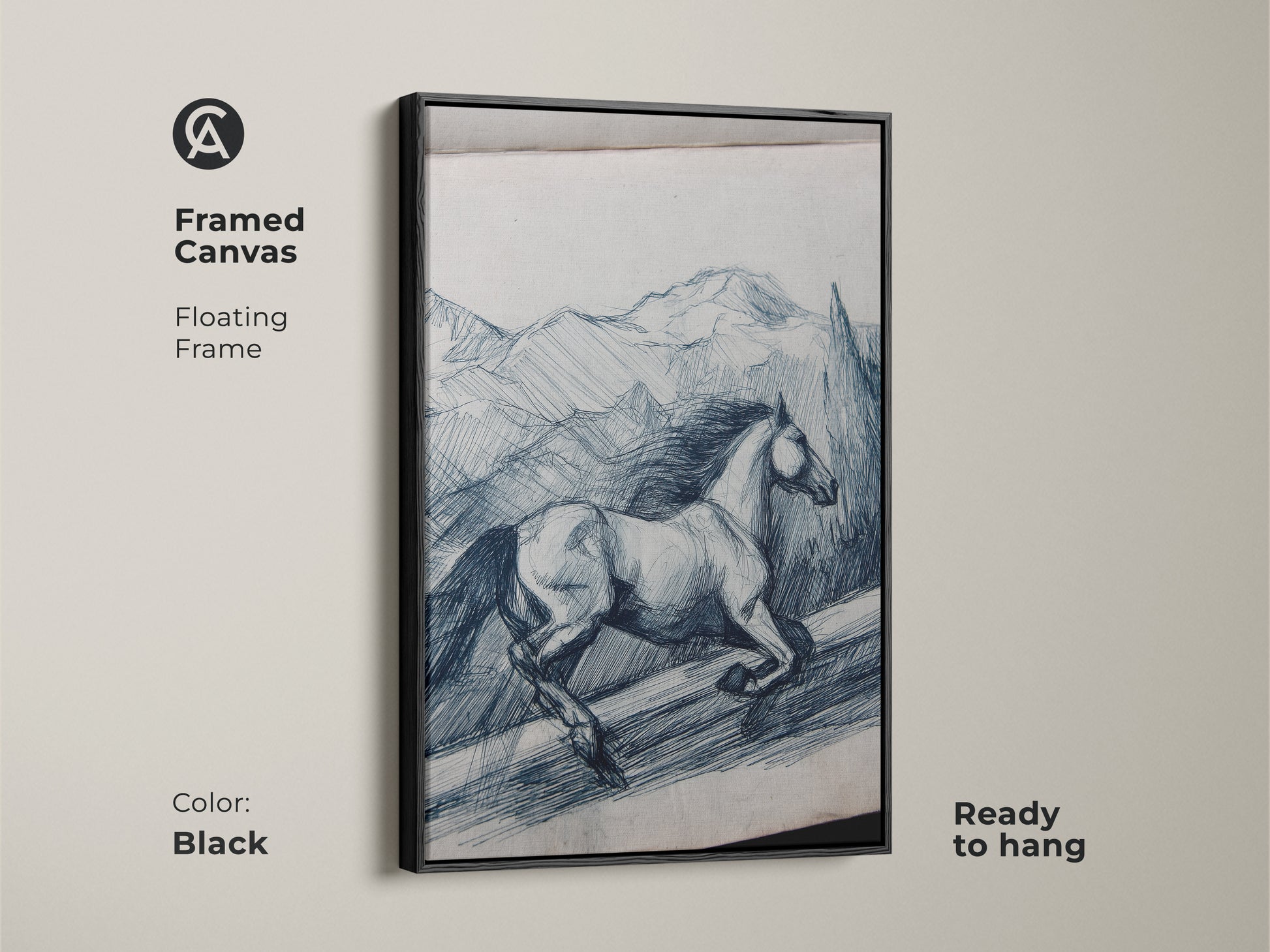 Framed canvas in black shows a rustic horse line art. The indigo mountain sketch is ready to hang. The floating frame enhances the equestrian art. This animal landscape print adds charm to any room. Sketch style artwork for horse lovers. It’s a unique gift idea.