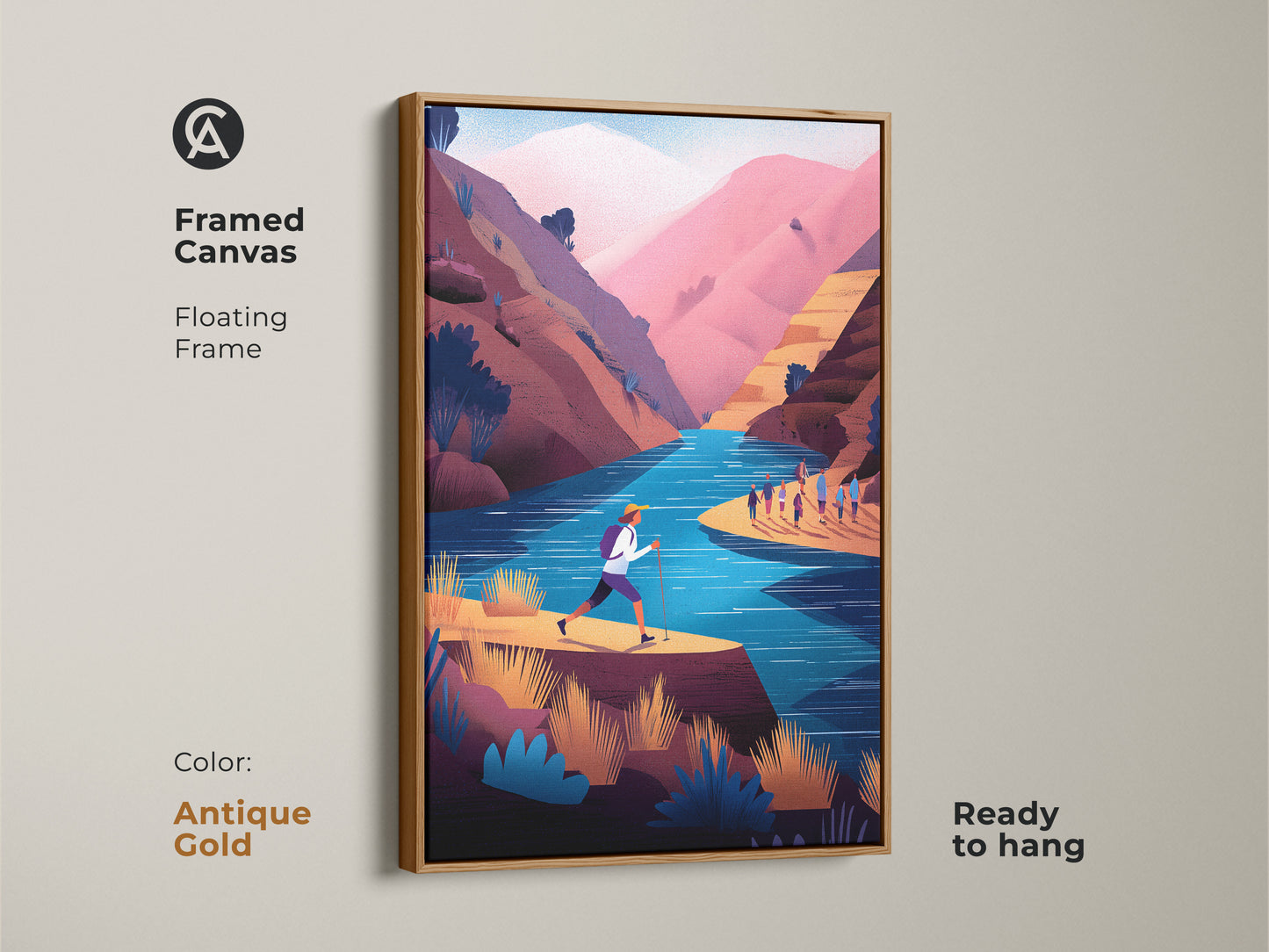 Framed canvas of teal pink mountain scenery with an antique gold floating frame. Ready to hang. This adventure wall art print shows a hiking river landscape. It's a contemporary flat illustration for outdoor lovers. A great housewarming gift idea.