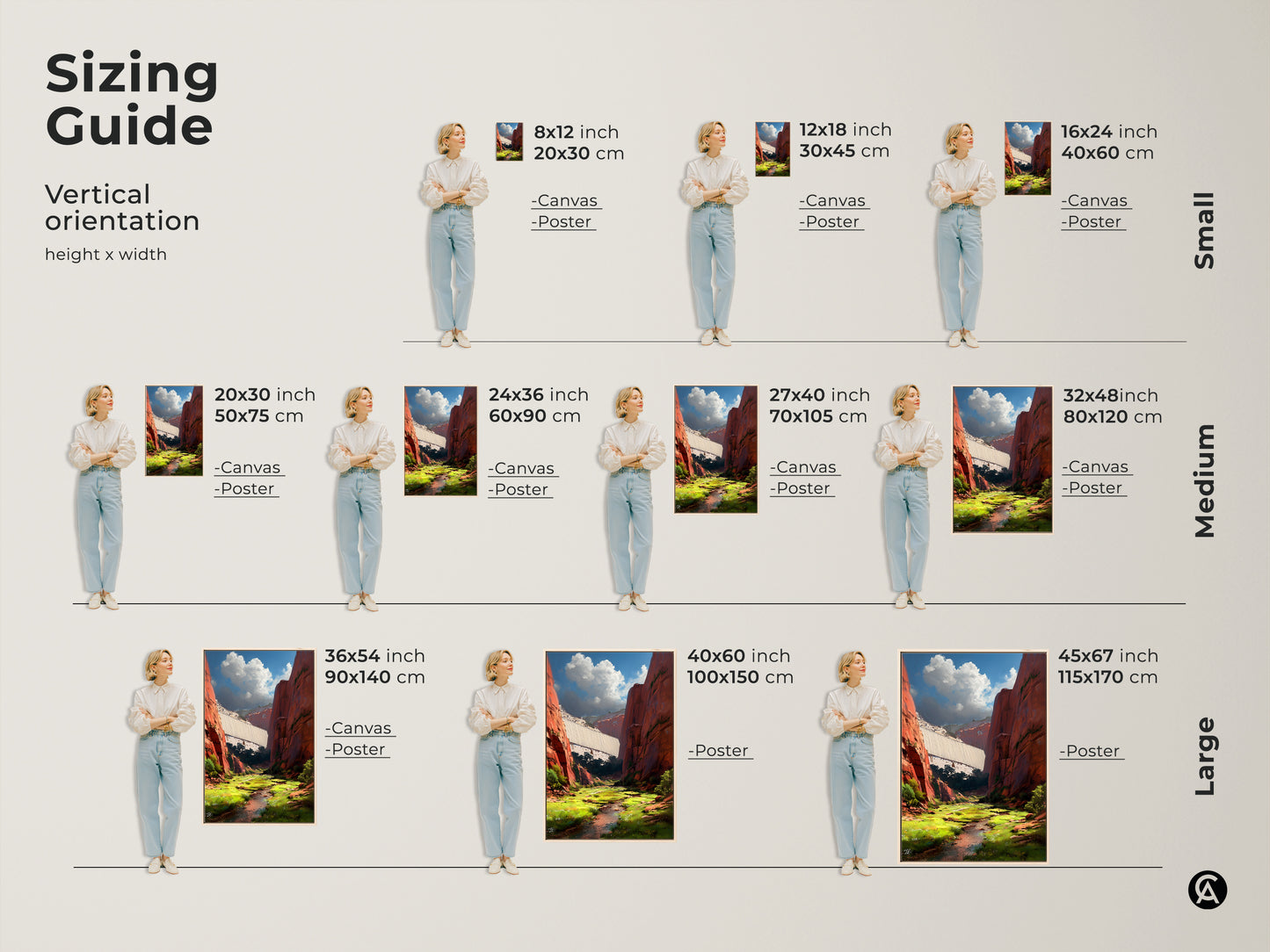 Sizing Guide for vertical landscape artwork. Choose from small medium and large sizes. Options include canvas and poster prints. The red canyon dam art fits any space. Find the ideal scenic view for your home.