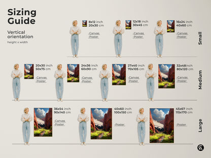 Sizing Guide for vertical landscape artwork. Choose from small medium and large sizes. Options include canvas and poster prints. The red canyon dam art fits any space. Find the ideal scenic view for your home.