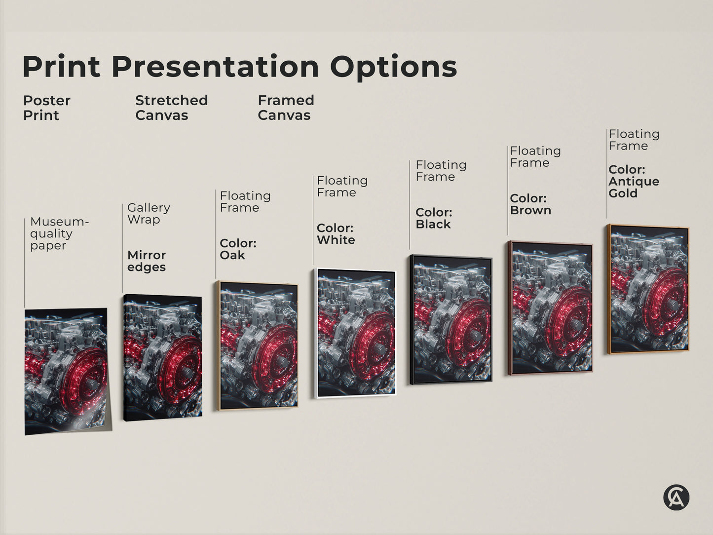 Print presentation options for Automotive Engine artwork. Choose from poster print stretched canvas or framed canvas. Floating frames available in oak white black brown and antique gold.