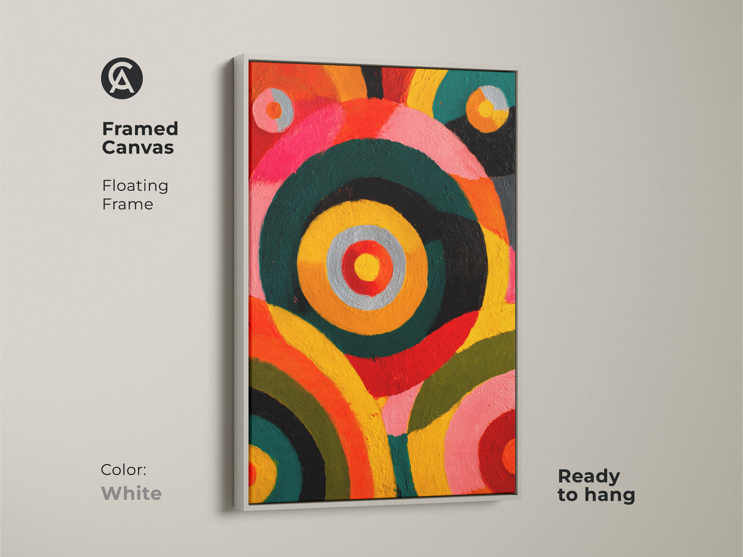 Framed canvas featuring abstract circles artwork with a white floating frame. Ready to hang geometric art print. The orange yellow pink hues of this modern eclectic artwork makes it great bedroom wall decor. This art is ideal for art lovers.