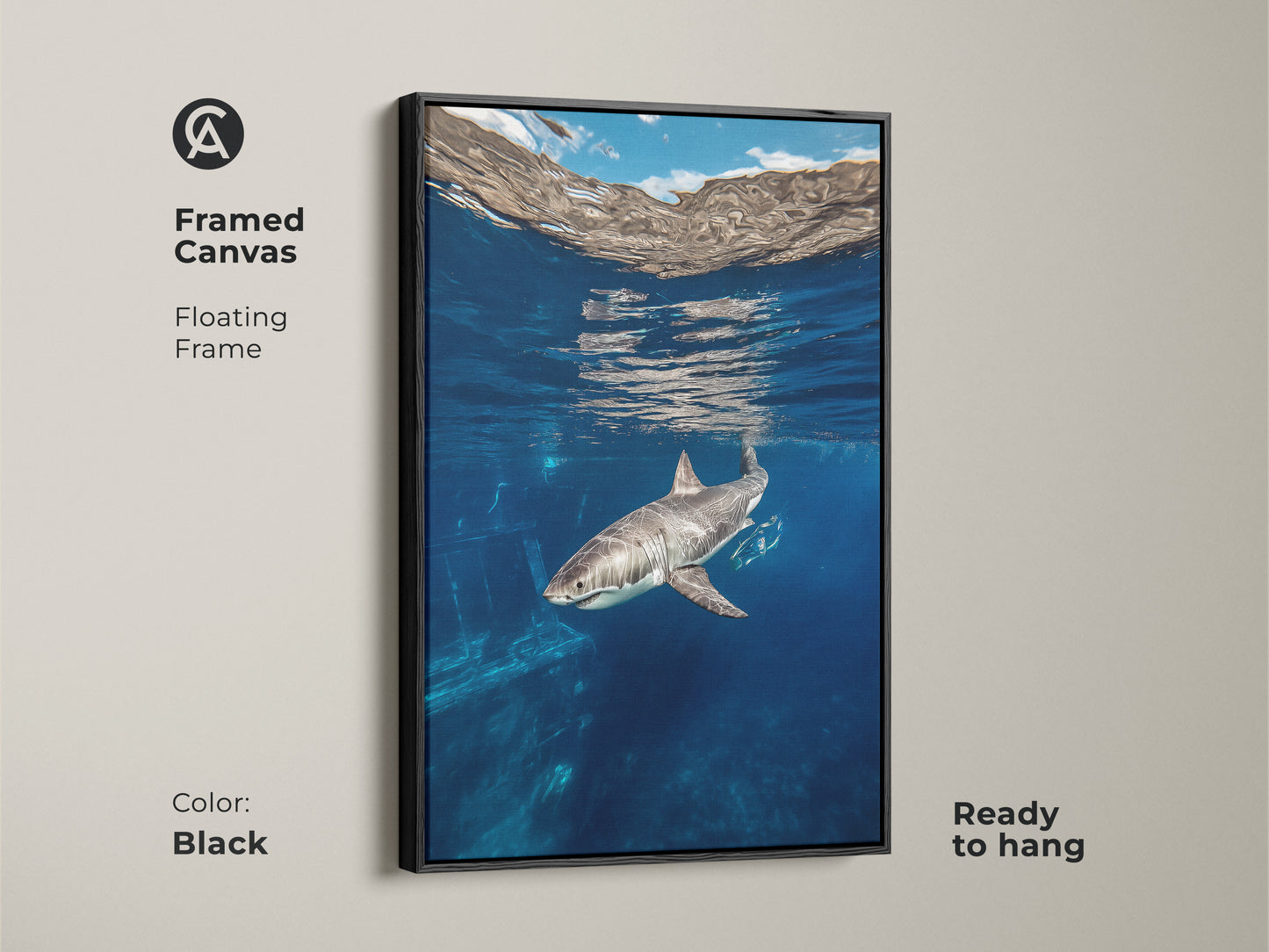 This framed canvas with a floating frame showcases contemporary art of a Great White Shark in the deep blue ocean. The marine life artwork is ready to hang. The black frame enhances the blue ocean animal artwork a perfect shark lover gift.
