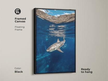 This framed canvas with a floating frame showcases contemporary art of a Great White Shark in the deep blue ocean. The marine life artwork is ready to hang. The black frame enhances the blue ocean animal artwork a perfect shark lover gift.