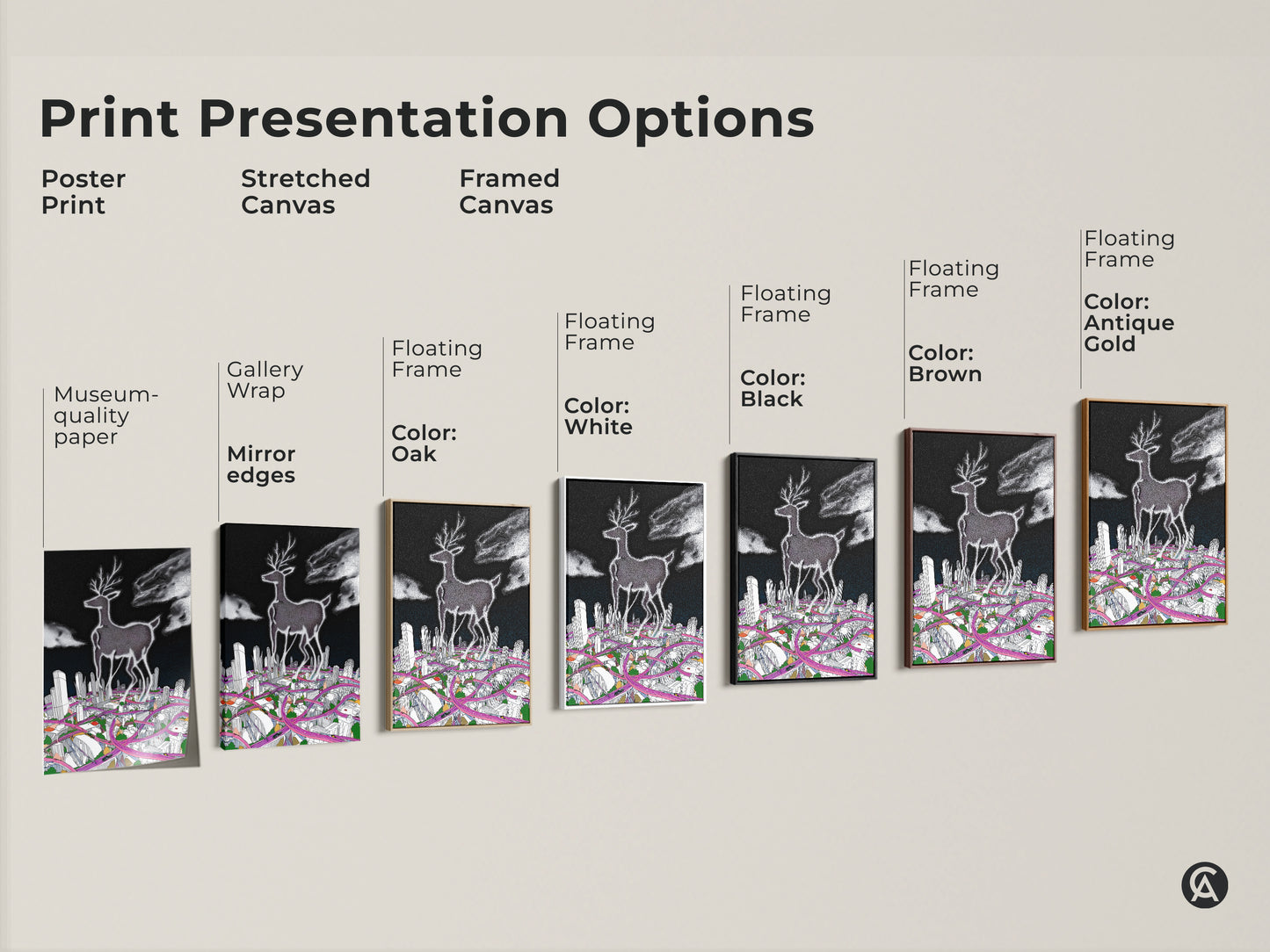 Print presentation options showcasing the surreal deer cityscape art. Options include poster print stretched canvas and framed canvas. Frames are available in black brown antique gold and white. It shows museum-quality edges and gallery wrap mirror edges.