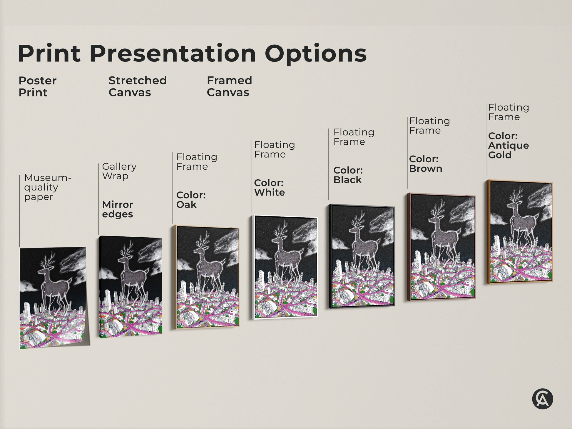 Print presentation options showcasing the surreal deer cityscape art. Options include poster print stretched canvas and framed canvas. Frames are available in black brown antique gold and white. It shows museum-quality edges and gallery wrap mirror edges.