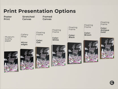 Print presentation options showcasing the surreal deer cityscape art. Options include poster print stretched canvas and framed canvas. Frames are available in black brown antique gold and white. It shows museum-quality edges and gallery wrap mirror edges.
