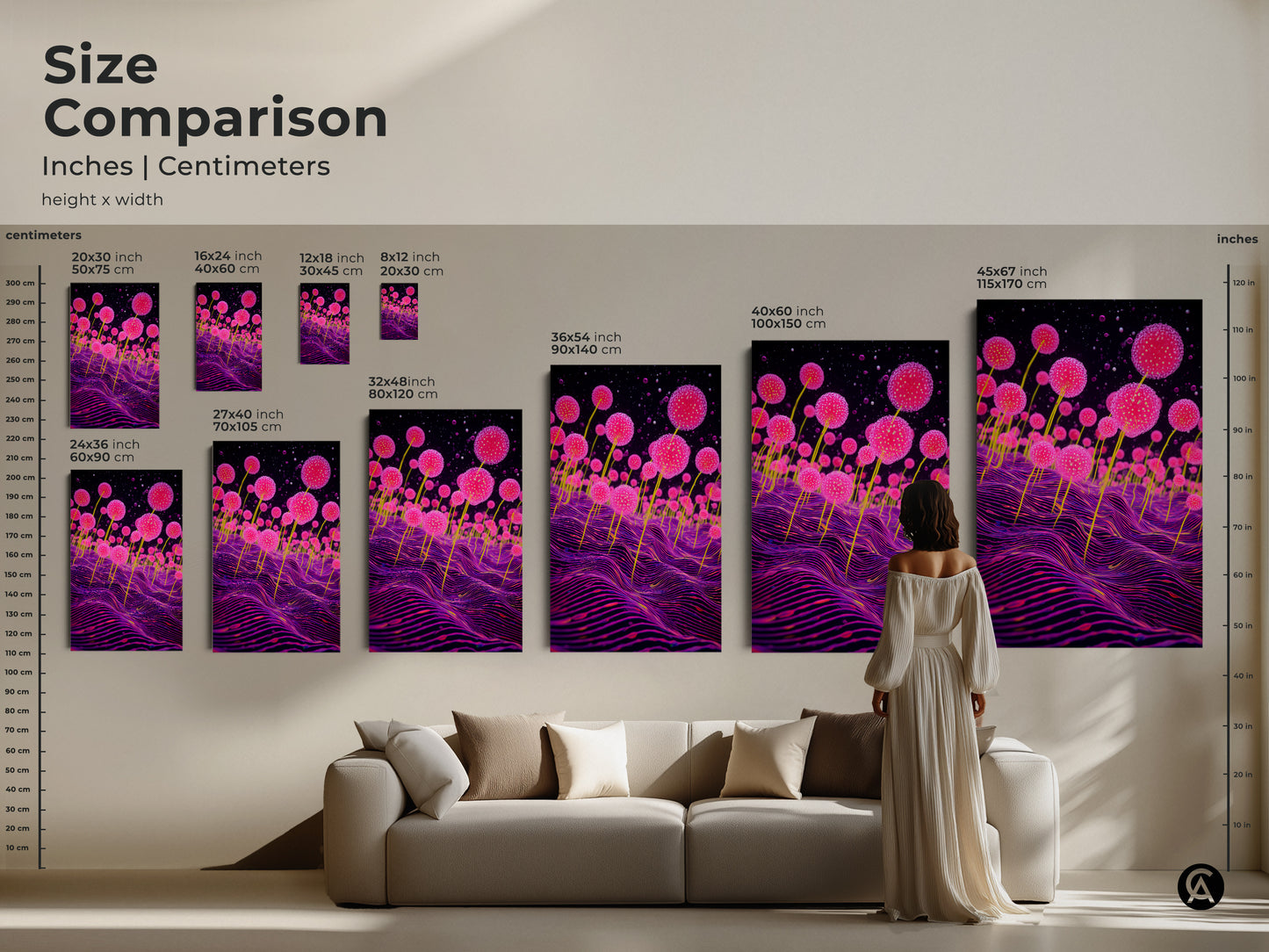 Size comparison showcasing the surreal pink fungi art in different dimensions. From a small 8x12 inch print to a large 45x67 inch canvas. This otherworldly art print is perfect for adding an eclectic touch. The artwork is great for your home decor.