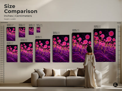 Size comparison showcasing the surreal pink fungi art in different dimensions. From a small 8x12 inch print to a large 45x67 inch canvas. This otherworldly art print is perfect for adding an eclectic touch. The artwork is great for your home decor.