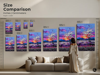 Compare sizes and visualize our Botanical Tree art in various dimensions. See how this impressionist canvas fits above a sofa. Choose from multiple sizes to enhance your living space with nature inspired art.