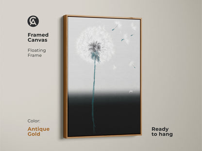 Minimalist dandelion art print in an antique gold frame. The abstract botanical artwork features floating teal and gray seeds. This contemporary framed canvas is ready to hang. It adds modern elegance to any space. The soft gradient art decor brings a calming touch.