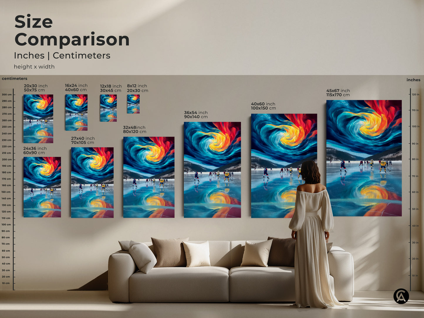 Size comparison shows abstract hockey artwork in inches and centimeters. Various canvas and poster print sizes range from 20x30 to 45x67 inches. Find the perfect modern sports wall art for your space. A great addition to any home gym office or living area. This makes a unique gift for hockey enthusiasts.