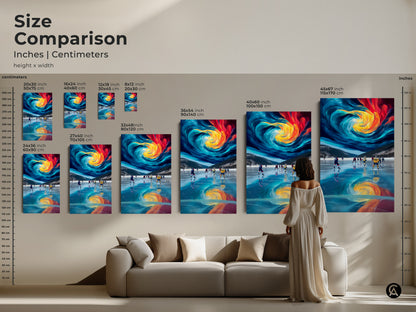 Size comparison shows abstract hockey artwork in inches and centimeters. Various canvas and poster print sizes range from 20x30 to 45x67 inches. Find the perfect modern sports wall art for your space. A great addition to any home gym office or living area. This makes a unique gift for hockey enthusiasts.