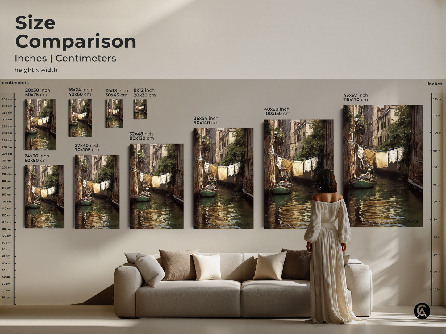 Size comparison of Venetian canal art prints in a living room setting. See how different sizes of this impressionistic cityscape wall art enhance your space. Perfect traditional European home decor for adding character. This boat in canal art is ideal for any room.