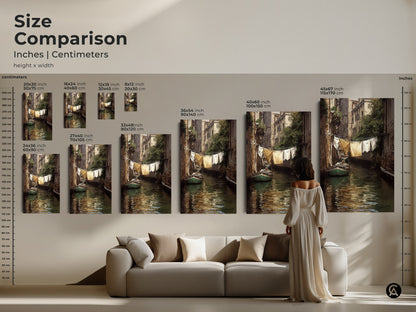 Size comparison of Venetian canal art prints in a living room setting. See how different sizes of this impressionistic cityscape wall art enhance your space. Perfect traditional European home decor for adding character. This boat in canal art is ideal for any room.