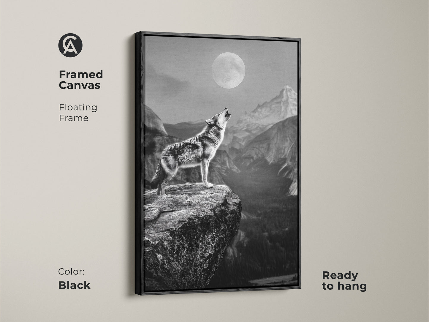 Black framed canvas art of a wolf howling at the moon. The floating frame adds a modern touch to this rustic wildlife wall art. Ready to hang this piece brings animalistic energy to any room. Perfect for dens or living spaces with a rustic aesthetic. This monochrome wolf canvas captures the spirit of the wild.