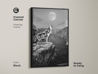 Black framed canvas art of a wolf howling at the moon. The floating frame adds a modern touch to this rustic wildlife wall art. Ready to hang this piece brings animalistic energy to any room. Perfect for dens or living spaces with a rustic aesthetic. This monochrome wolf canvas captures the spirit of the wild.