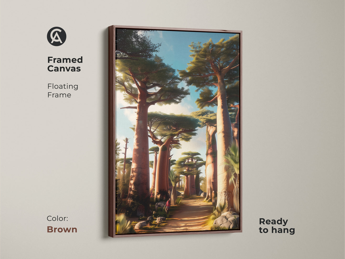 Brown framed canvas displays boho baobab tree art of an African savanna landscape. Earthy tones nature decor is ready to hang. The green blue sky art creates a serene vibe. It is a unique travel gift and botanical savanna wall art.