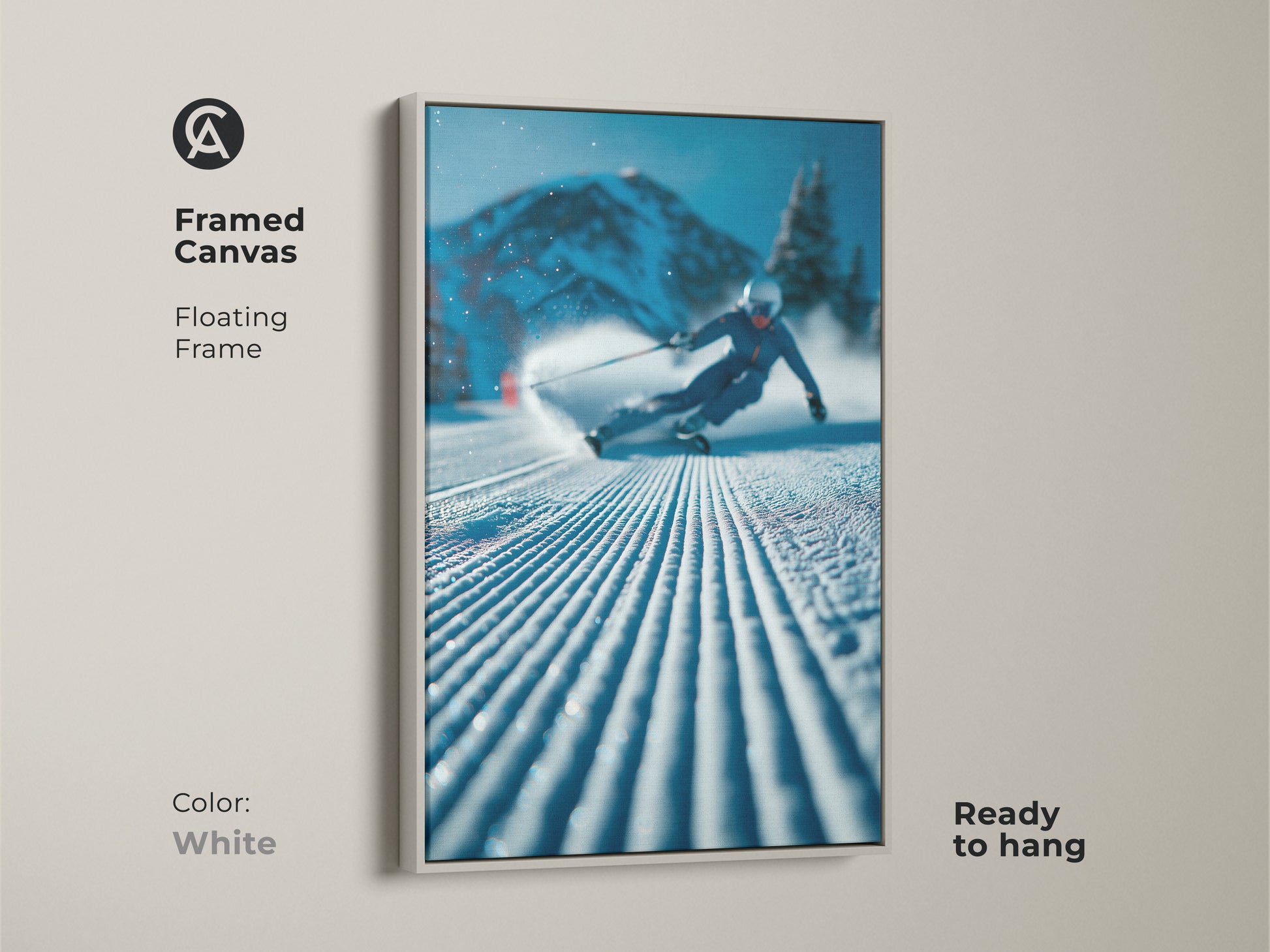 Framed canvas art featuring a skier gracefully navigating a mountain slope. The white floating frame adds a modern touch to this captivating artwork. Ready-to-hang this piece brings a fresh and clean aesthetic to your decor. Perfect for any room.