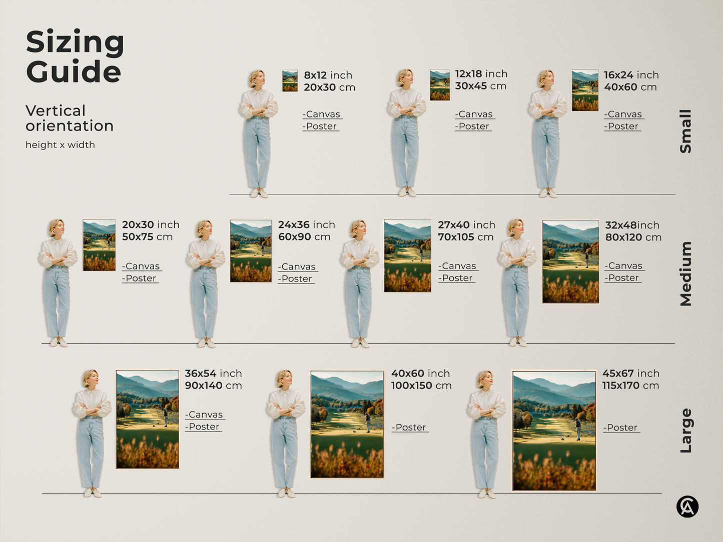 Visualize the perfect size for your golf course artwork with our sizing guide. See how the artwork looks in various vertical orientations. From small to large canvas and poster options. This artwork features a golfer on a beautiful course with mountains.
