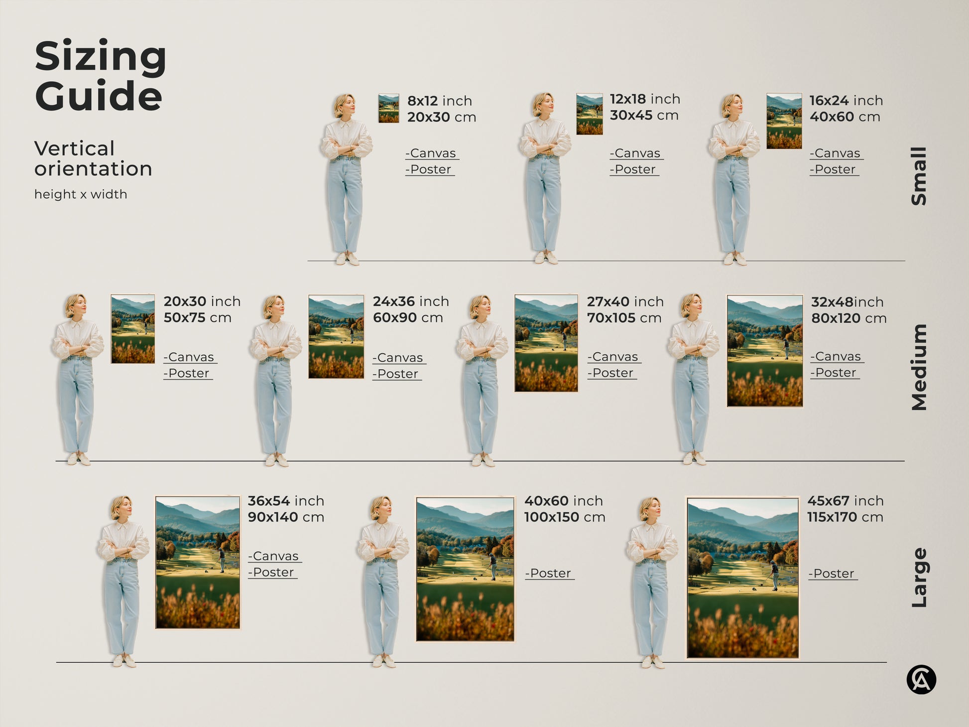 Visualize the perfect size for your golf course artwork with our sizing guide. See how the artwork looks in various vertical orientations. From small to large canvas and poster options. This artwork features a golfer on a beautiful course with mountains.