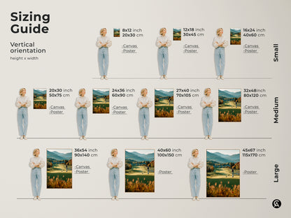 Visualize the perfect size for your golf course artwork with our sizing guide. See how the artwork looks in various vertical orientations. From small to large canvas and poster options. This artwork features a golfer on a beautiful course with mountains.