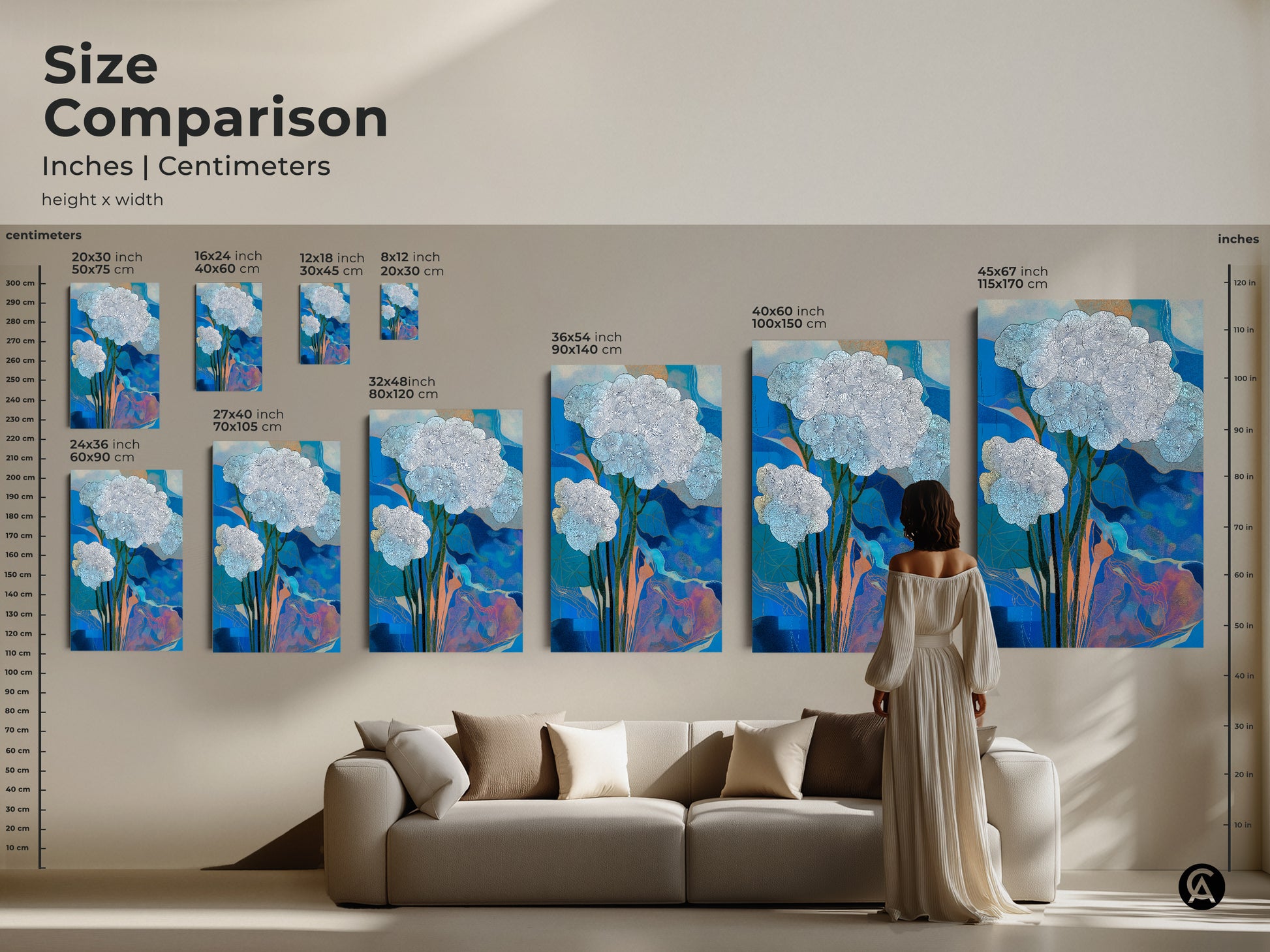 Size comparison of abstract botanical wall art prints. Ranging from 8x12 to 45x67 inches. See how the artwork fits above a sofa in a living room setting. Perfect sizes for any space. Choose canvas or poster prints.