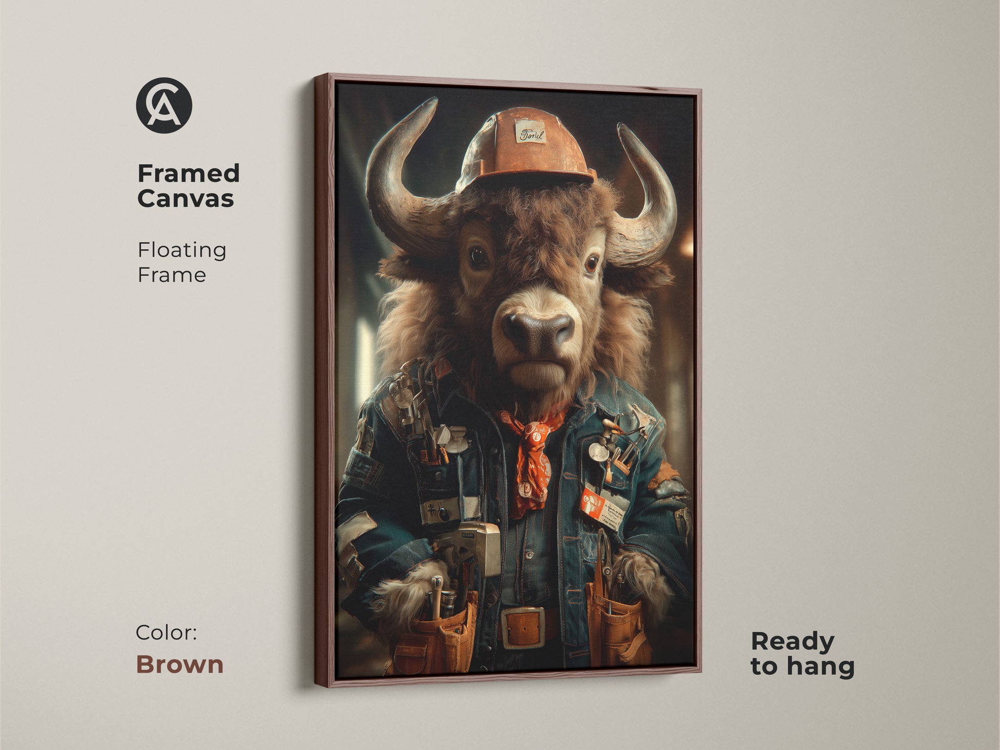 This framed canvas features an industrial buffalo. This steampunk animal canvas wall art has a brown floating frame. The office decor is a unique gift for Father's Day. The buffalo artwork blends animal and human traits for masculine wall art. The buffalo is wearing a denim jacket.