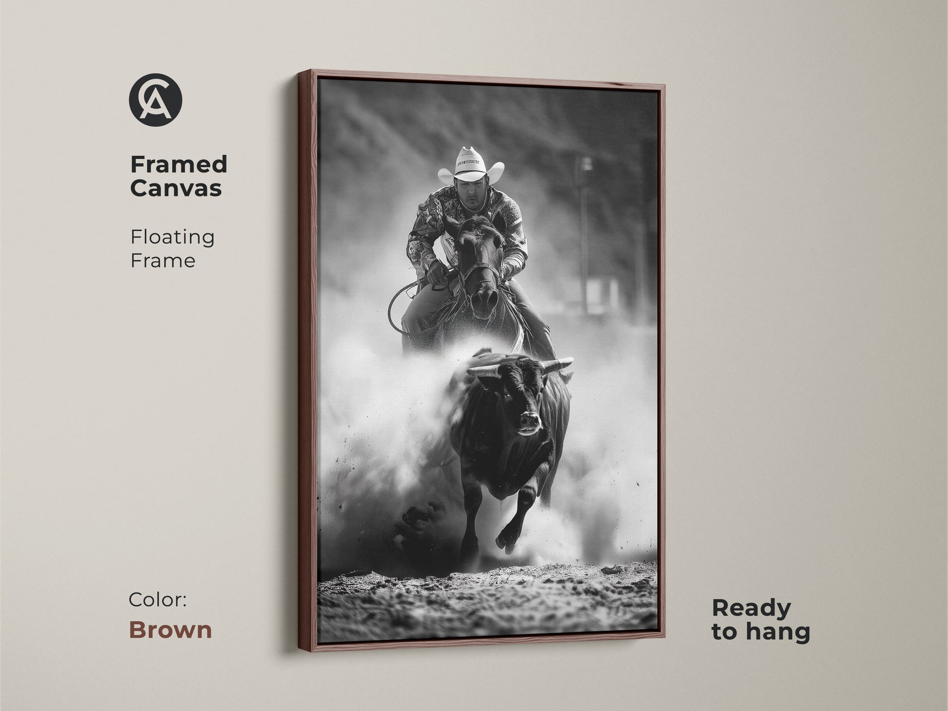 Brown framed canvas with floating frame featuring black and white rodeo art. This bull riding canvas print showcases western cowboy wall art. A rustic ranch art print is ready to hang. Ideal action sports photography for man cave rodeo decor.
