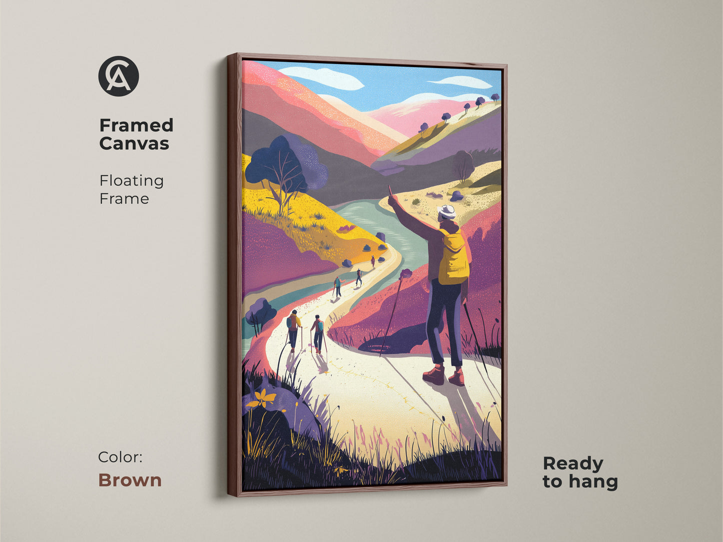 Framed canvas print featuring a boho mountain landscape. Hiker walking wall art with a brown floating frame. The yellow backpack canvas print adds a modern touch. Adventure travel artwork is ready to hang. The stylized nature painting is great for any room.