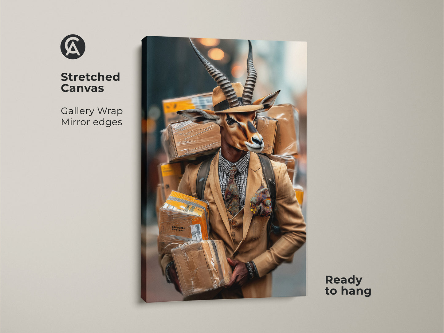 A stretched canvas displays a surreal gazelle man art print ready to hang. The gallery wrap showcases the eclectic animal portrait with mirror edges. This unique animal in a suit artwork makes a perfect eclectic office wall decor piece. It's a great conversation starter.
