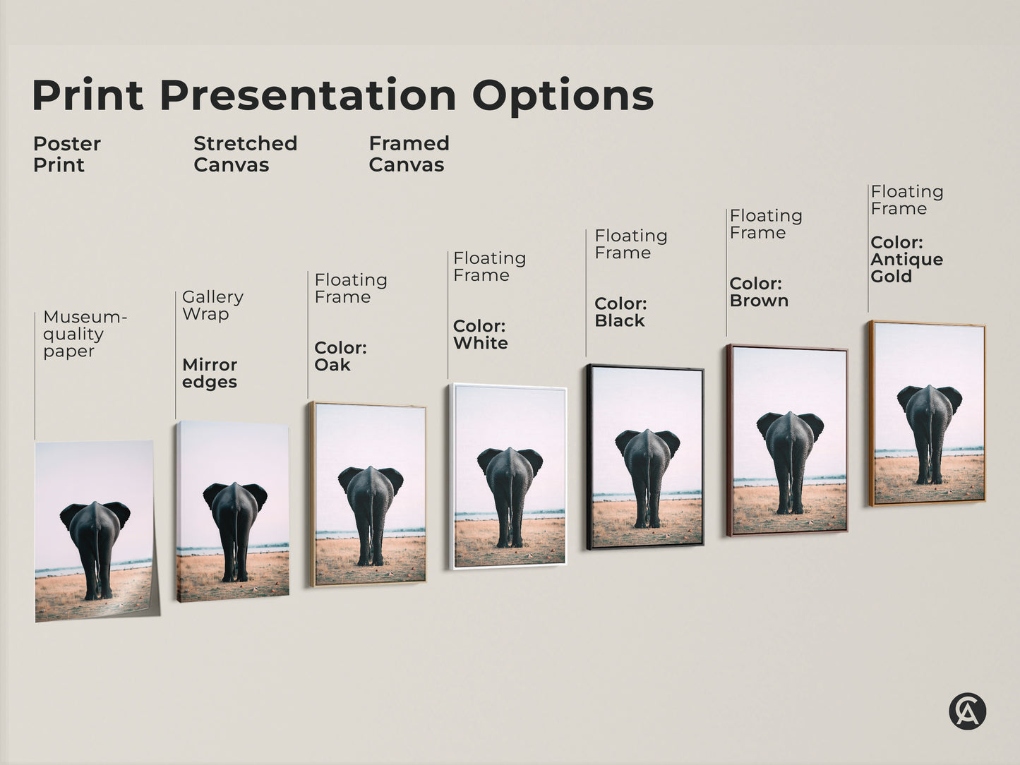 Explore print presentation options for our elephant butt artwork. Choose from poster prints stretched canvas and framed canvas. Options include gallery wrap museum quality paper and floating frames. Select from white oak black brown or antique gold frames. Find the perfect style to showcase this wildlife canvas art in your home.