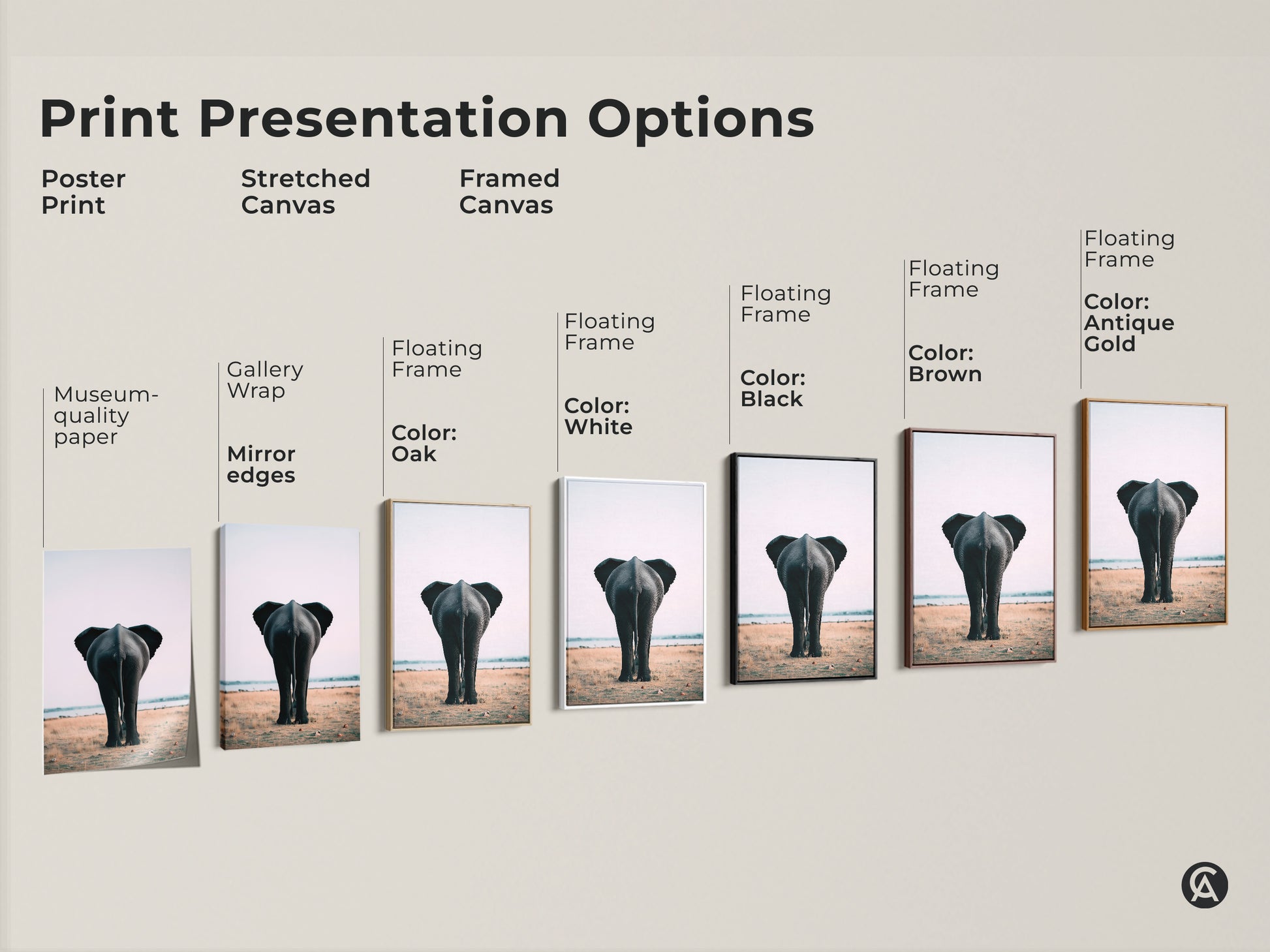 Explore print presentation options for our elephant butt artwork. Choose from poster prints stretched canvas and framed canvas. Options include gallery wrap museum quality paper and floating frames. Select from white oak black brown or antique gold frames. Find the perfect style to showcase this wildlife canvas art in your home.
