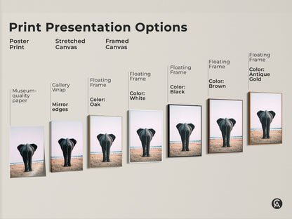 Explore print presentation options for our elephant butt artwork. Choose from poster prints stretched canvas and framed canvas. Options include gallery wrap museum quality paper and floating frames. Select from white oak black brown or antique gold frames. Find the perfect style to showcase this wildlife canvas art in your home.
