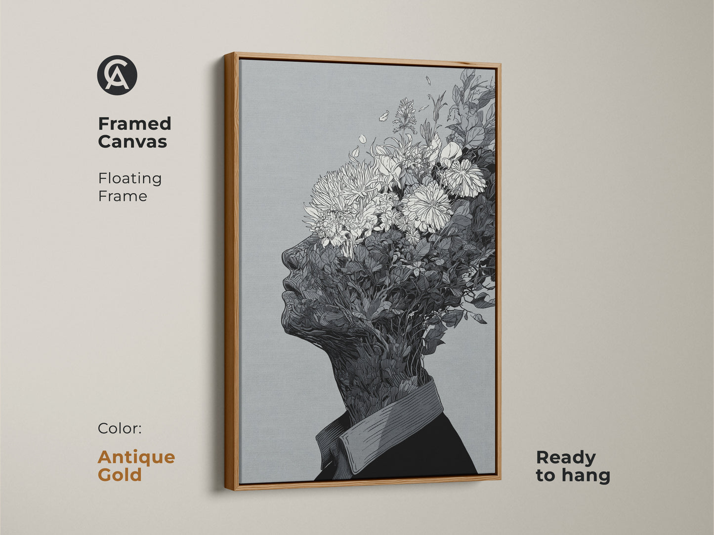 Framed canvas artwork with a floating frame. The art shows a black and white drawing of a floral head. This canvas comes in an antique gold frame. It is ready to hang and will add a touch of elegance to your wall decor.