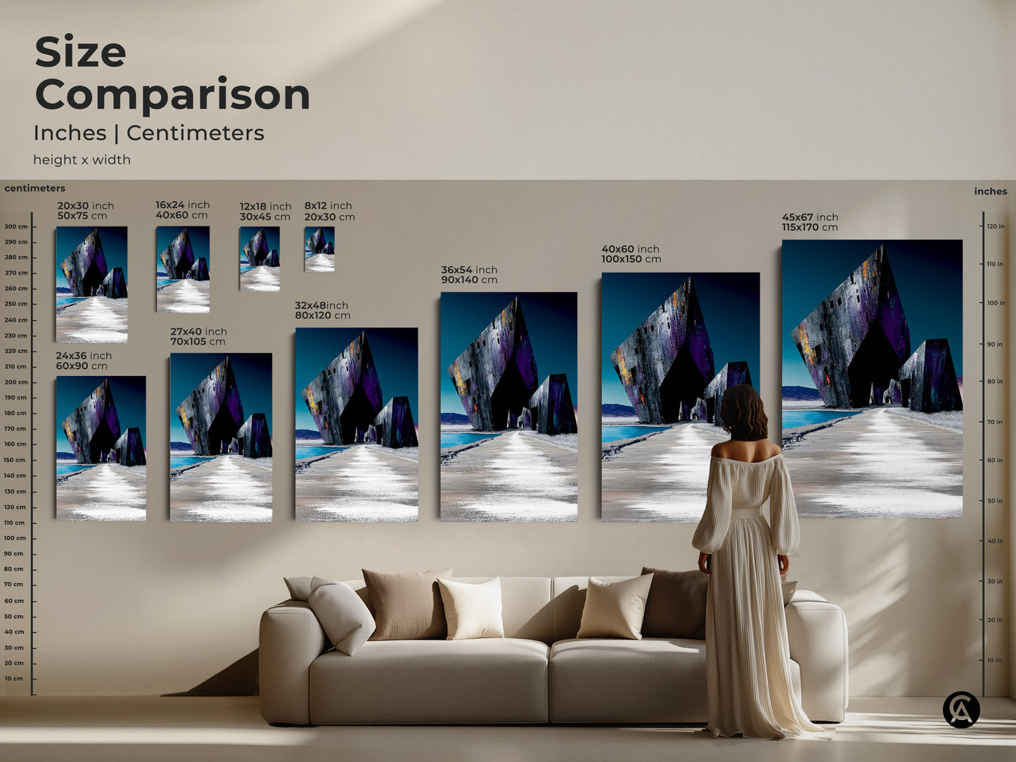 Size comparison of abstract geometric art prints featuring a futuristic design. See the deep purple architecture art in various sizes above a couch. Choose the ideal scale for your space centimeters and inches.