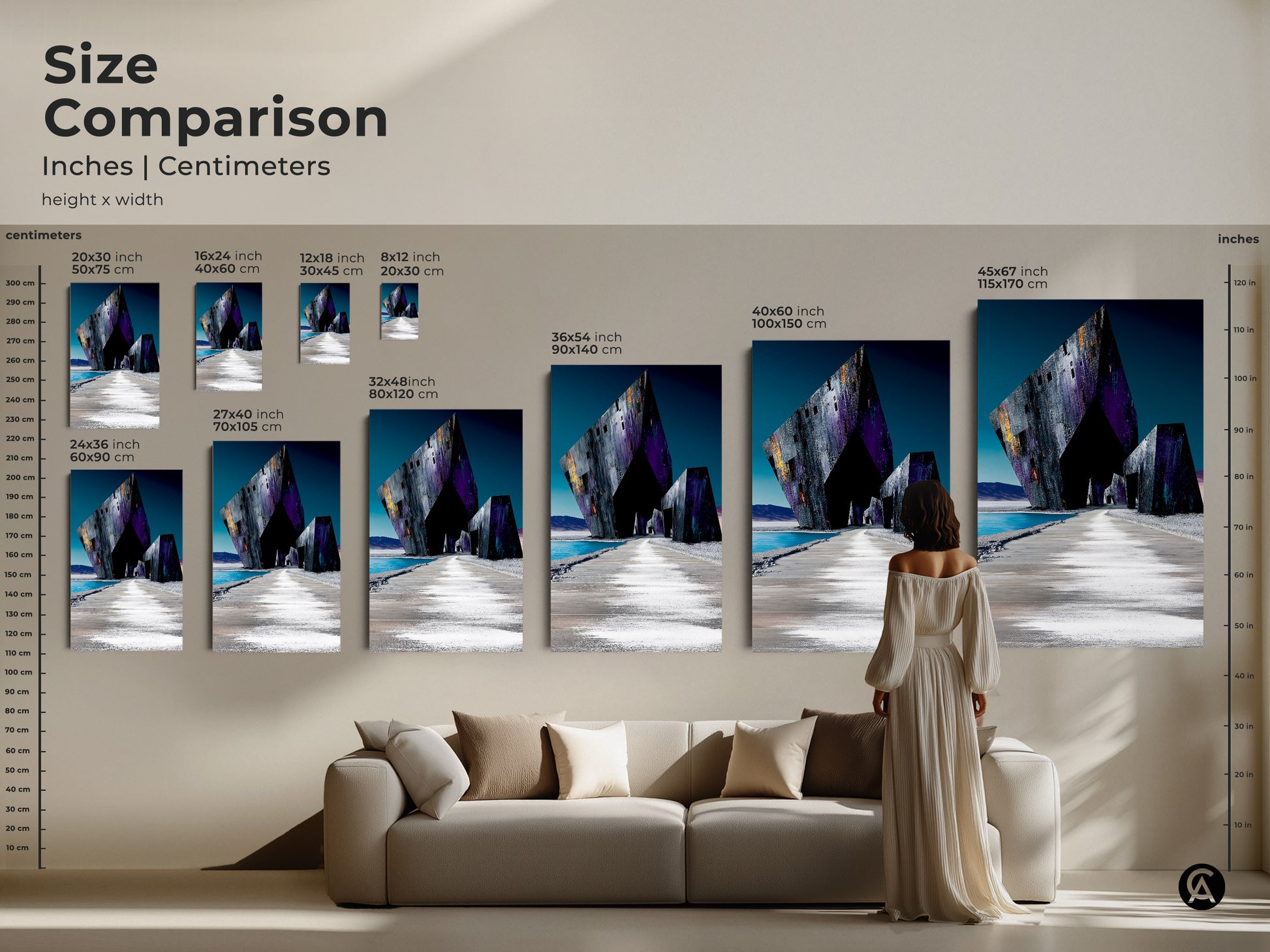 Size comparison of abstract geometric art prints featuring a futuristic design. See the deep purple architecture art in various sizes above a couch. Choose the ideal scale for your space centimeters and inches.