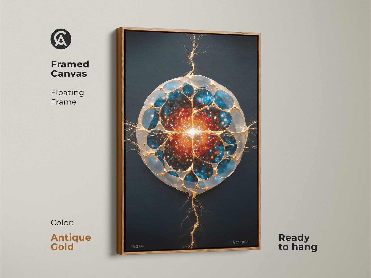 Antique gold framed generative galaxy wall art. The abstract cosmic artwork is ready to hang. Featuring blue gold and orange hues this cell print will enhance any space. A perfect modern piece. It's a unique stargazing gift or sci-fi office decor. Enjoy the contemporary style and celestial motif.