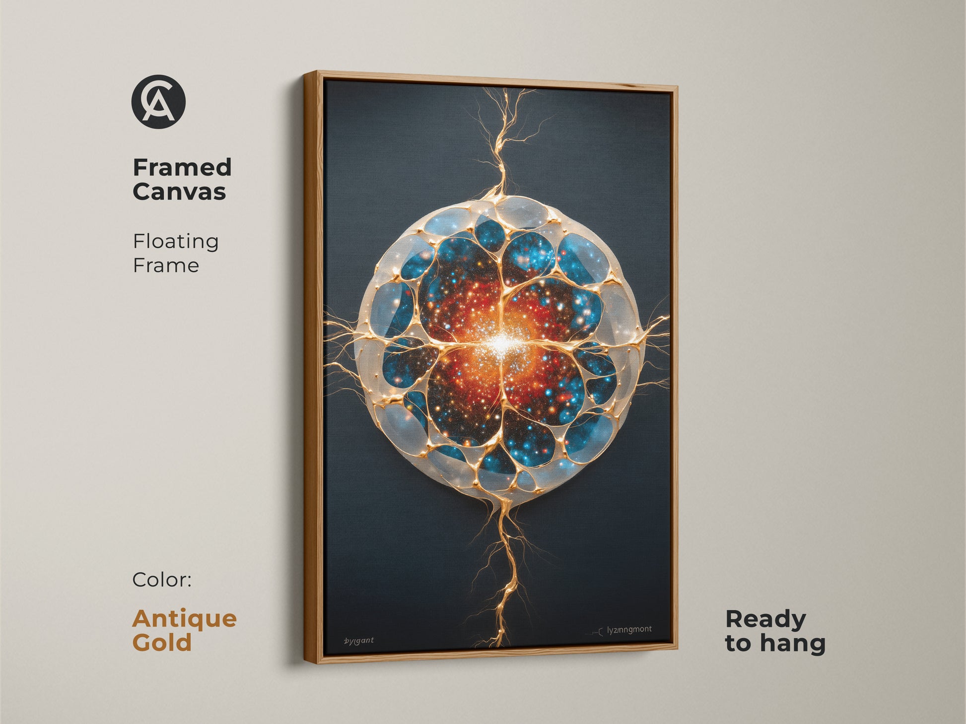 Antique gold framed generative galaxy wall art. The abstract cosmic artwork is ready to hang. Featuring blue gold and orange hues this cell print will enhance any space. A perfect modern piece. It's a unique stargazing gift or sci-fi office decor. Enjoy the contemporary style and celestial motif.